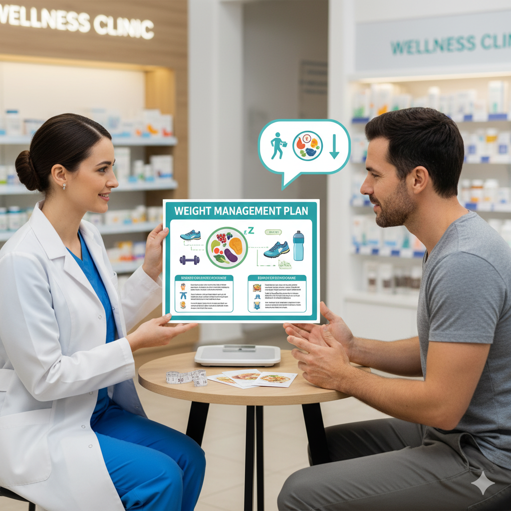 Professional weight management consultation at Jallas Pharmacy - Personalized diet plans, health monitoring, and weight loss support services in London